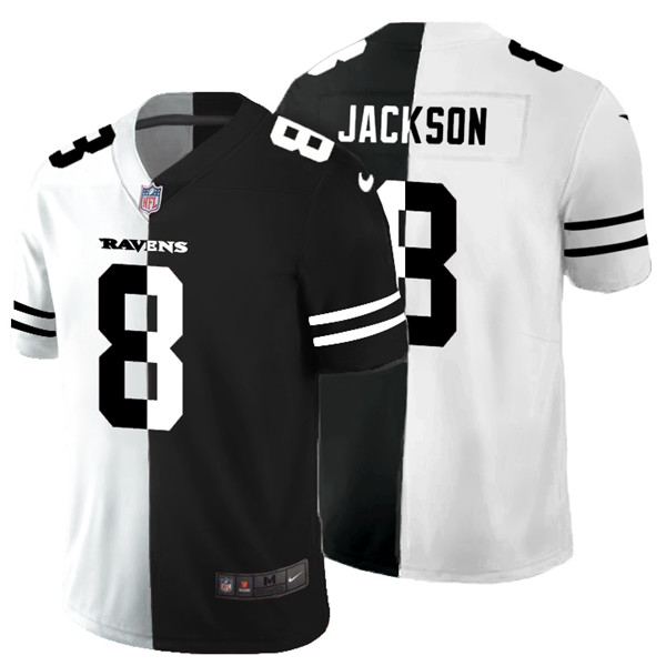 Men's Baltimore Ravens #8 Lamar Jackson Black & White NFL Split Vapor Limited Stitched Jersey Men's Baltimore Ravens #8 Lamar Jackson Black & White NFL Split Vapor Limited Stitched Jersey